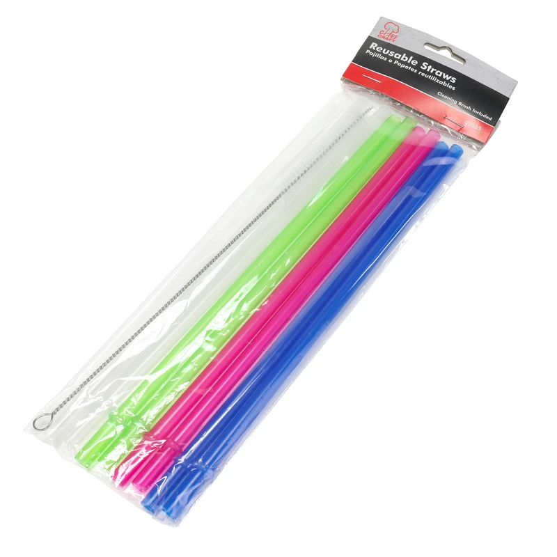 Chef Craft 8 Count Assorted Plastic Reusable Straws With Cleaning Brush
