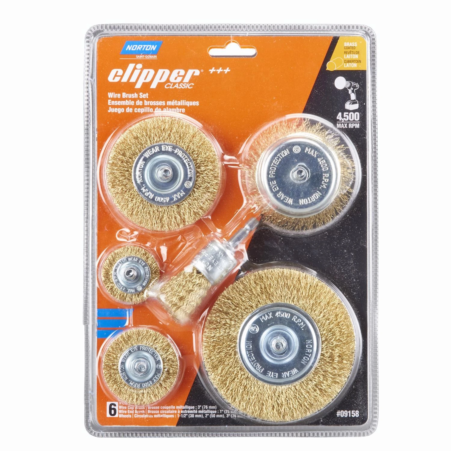 Norton Clipper 1 Inch Brass Wire Wheel Brush 4500 Rpm 6 Piece Set