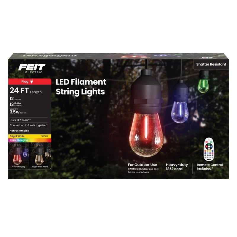 LED Color-Changing Patio String Lights with Remote Control, 12 Sockets, 14 Bulbs, 24 Feet