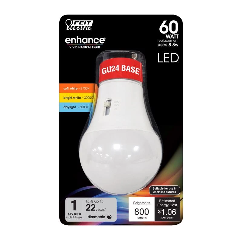 Feit A19 Gu24 Led Bulb Color Changing 60 Watt Equivalent, 25000 Hour Life
