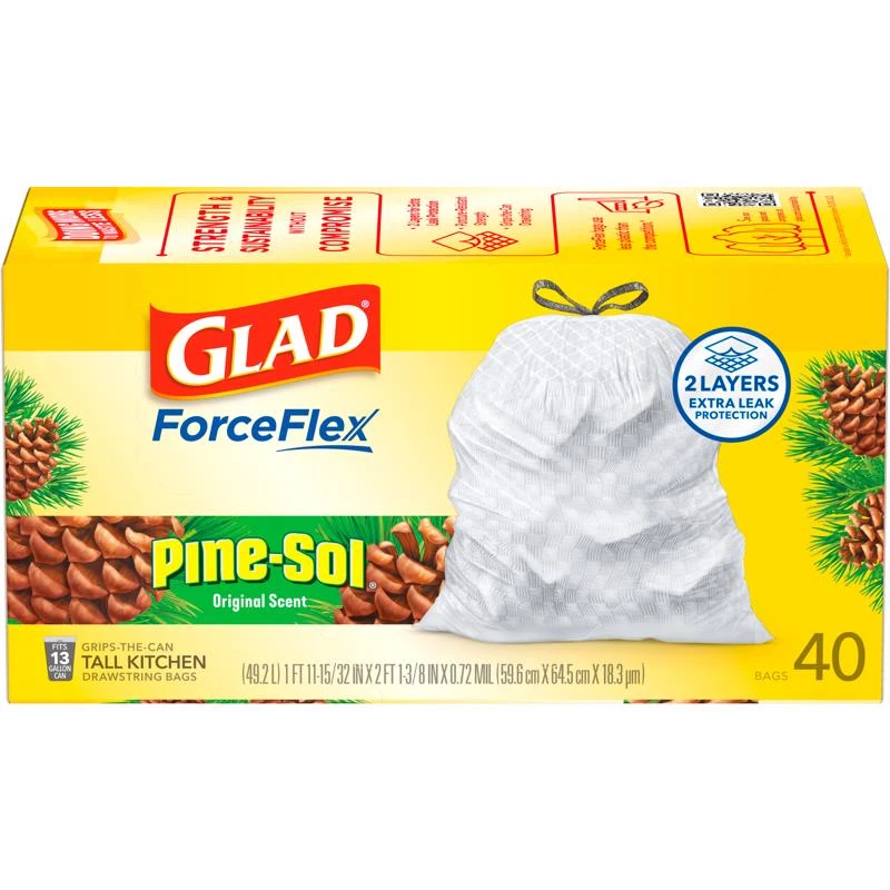 Glad ForceFlex Series 22372 Pine-Sol Scented Trash Bag, 13 gal, Plastic, White