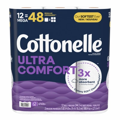 Cottonelle Ultra Comfortcare Toilet Paper 12 Mega Rolls, 244 Sheets Per Roll, 2-ply