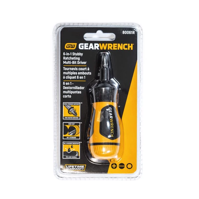 Gearwrench 6-in-1 Stubby Ratcheting Multi-bit Screwdriver With Cushion Grip