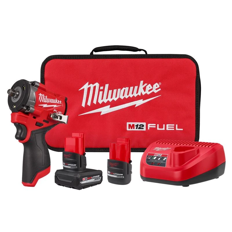 Milwaukee M12 Fuel 3/8 Inch Brushless Cordless Impact Wrench Kit With Batteries & Charger