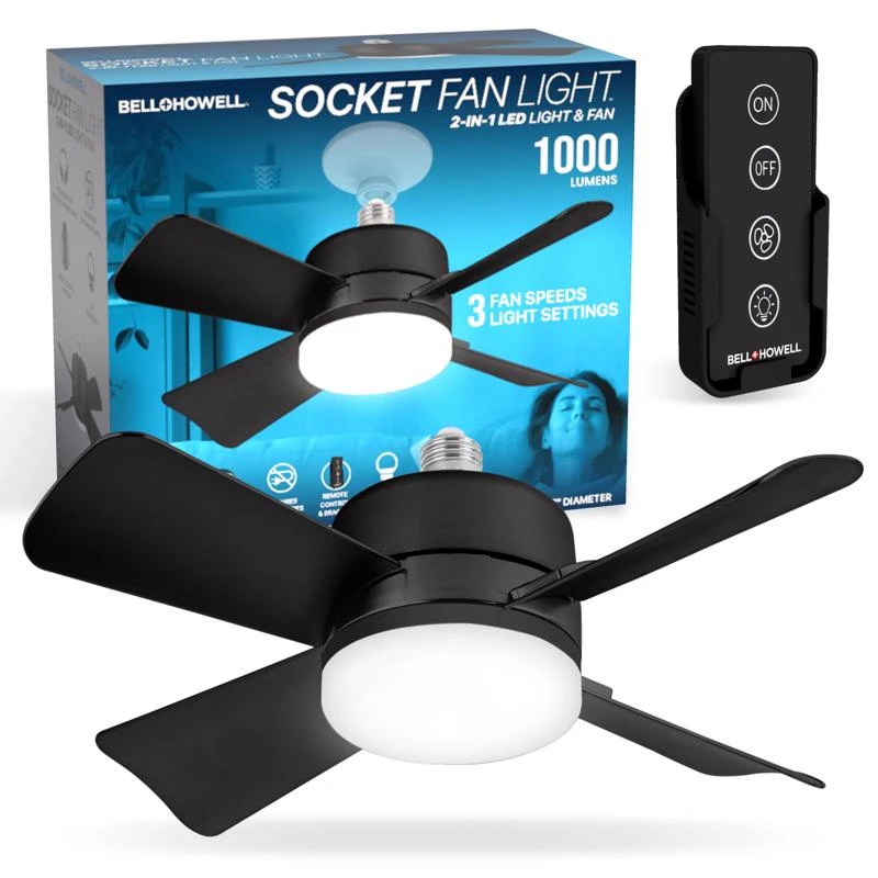 Bell & Howell 15.7 In. Black Ceiling Socket Fan And Light With Remote