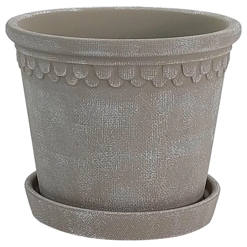 Border Concepts 6 Inch Wide Beige Ceramic Fringe Planter With Saucer