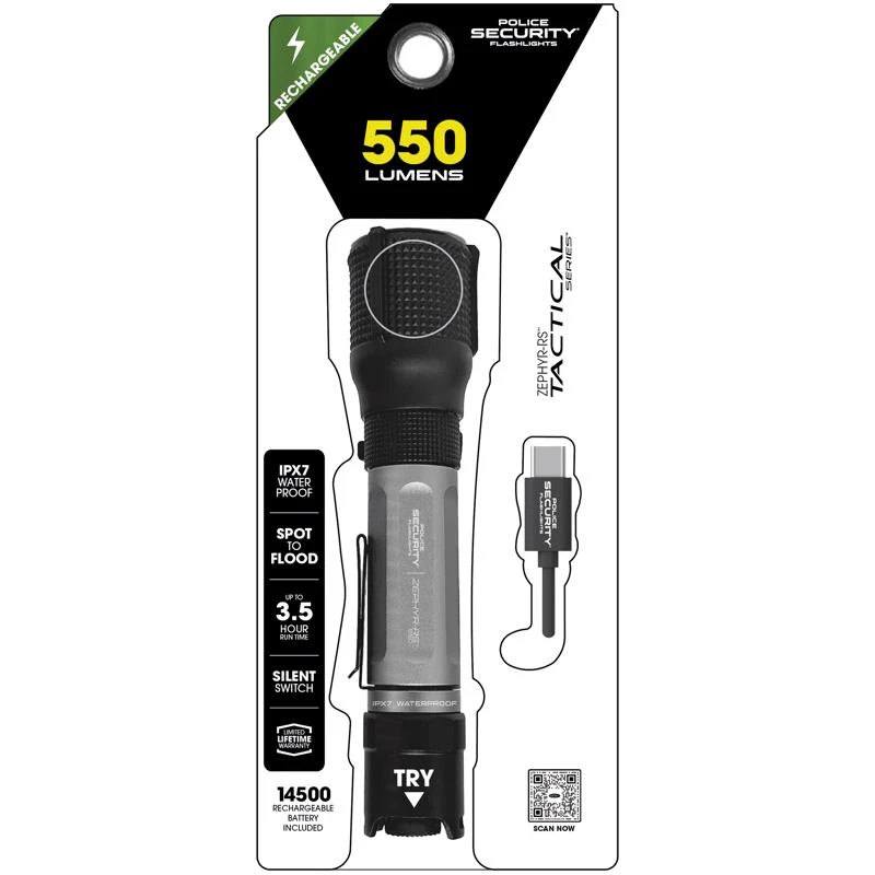 Police Security Zephyr-rs 550 Lumens Led Tactical Rechargeable Flashlight With 14500 Battery