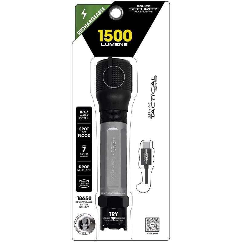 Police Security Zephyr-r 1500 Lumens Led Tactical Rechargeable Flashlight With 18650 Battery