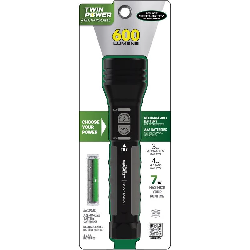 Police Security Twin Power 600 Lumen Led Flashlight With Rechargeable And Aaa Battery