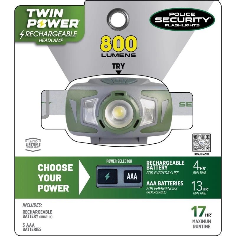 Police Security Ryder Twin Power 800 Lumen Led Headlamp With Rechargeable And Aaa Battery