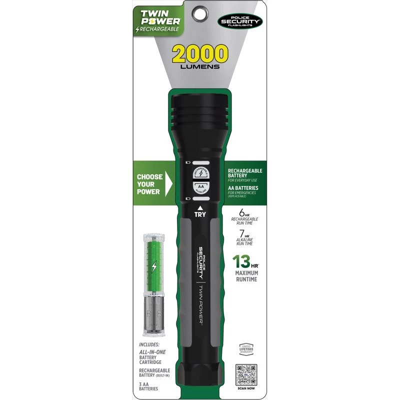 Police Security Twin Power 2000 Lumen Led Flashlight With Rechargeable Battery