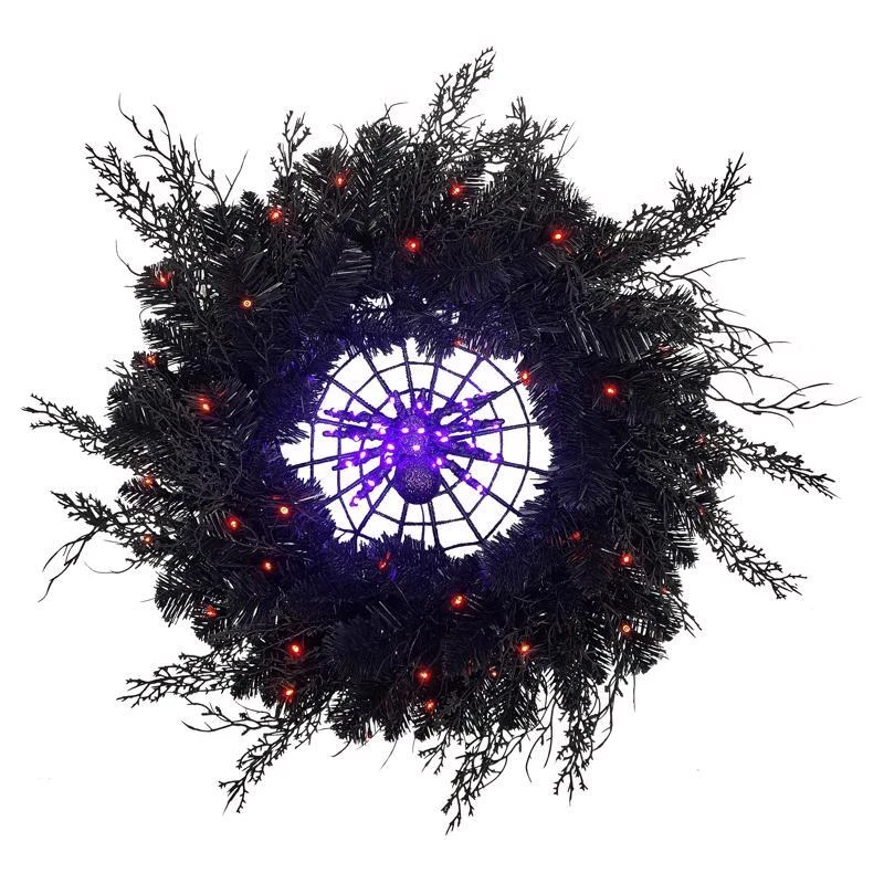 Celebrations 24 In. Led Prelit Black Spider Wreath With Orange/purple Lights