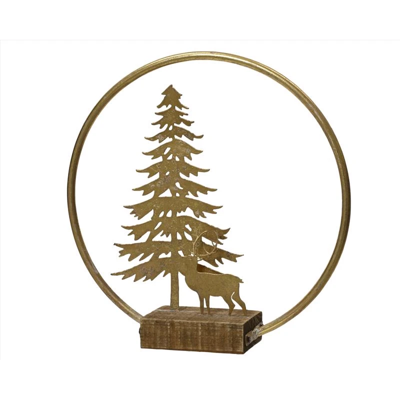 Decoris Gold Tree With Deer Iron Table Decor 11 In.