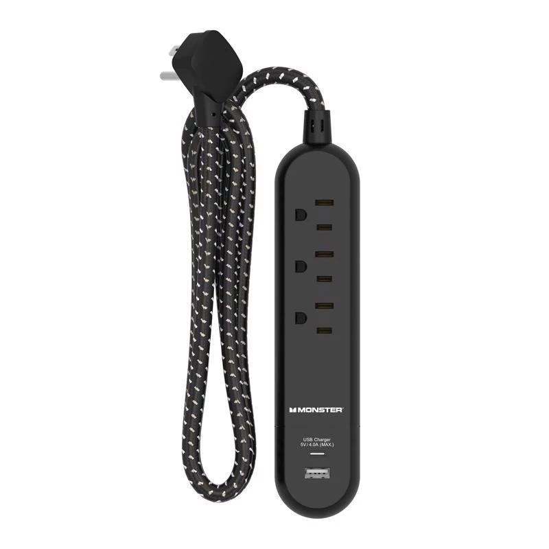 Monster 4 Ft Power Strip With 3 Outlets And Usb Ports Black