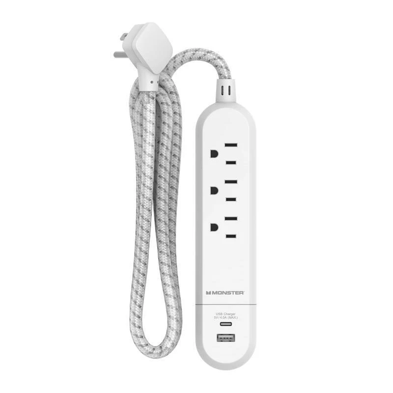 Monster 4 Ft Power Strip With 3 Outlets And Usb Ports White
