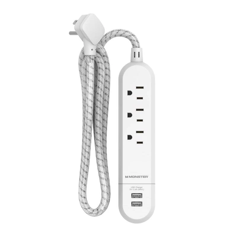 Monster 4 Ft Power Strip With 3 Outlets And Usb Ports White