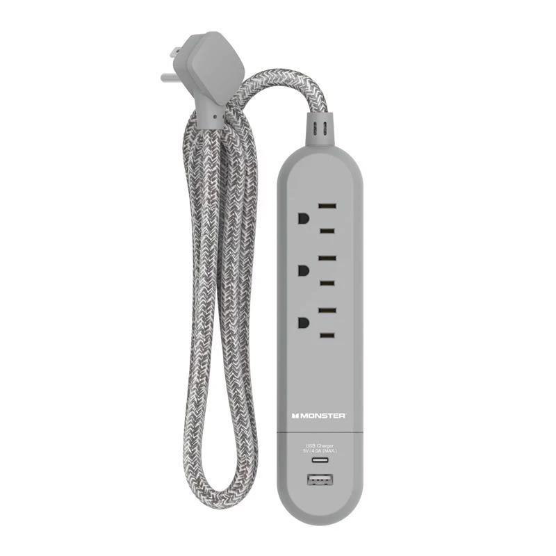 Monster 4 Ft Power Strip With 3 Outlets And Usb Ports Gray