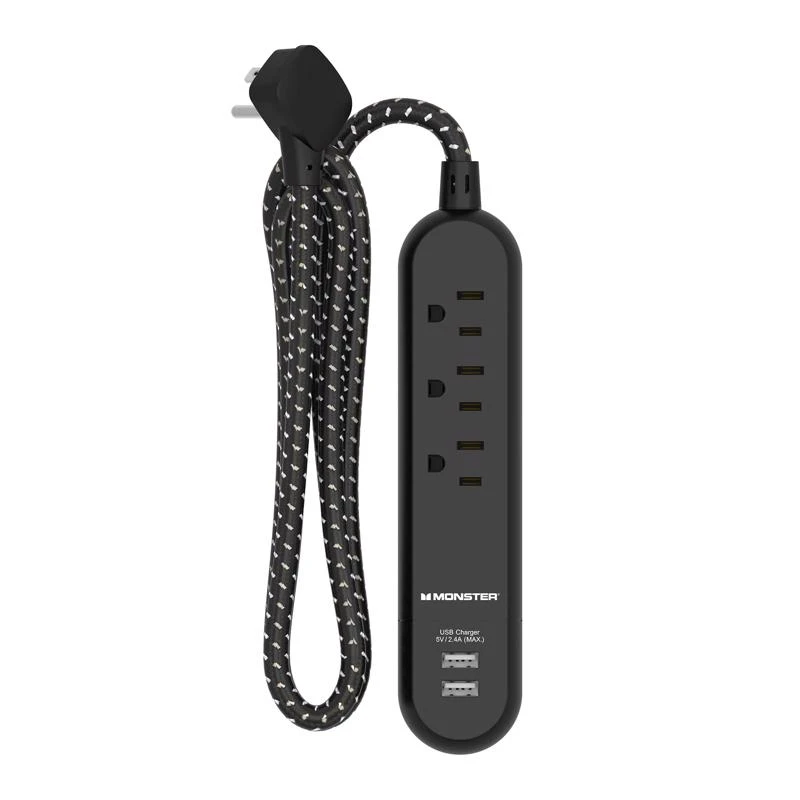 Monster 4 Ft Power Strip With 3 Outlets And Usb Ports Black