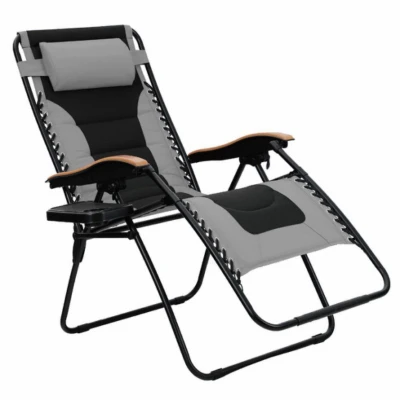 Oversized Zero Gravity Padded Chair with Cup Holder and Wood Armrests