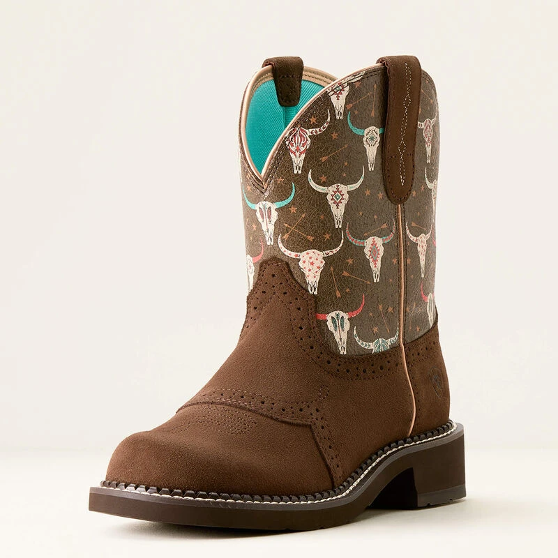 ARIAT FATBABY HERITAGE FARRAH WESTERN BOOT, BARLEY|BOHO SKULL PRINT COLOR, 8/MEDIUM