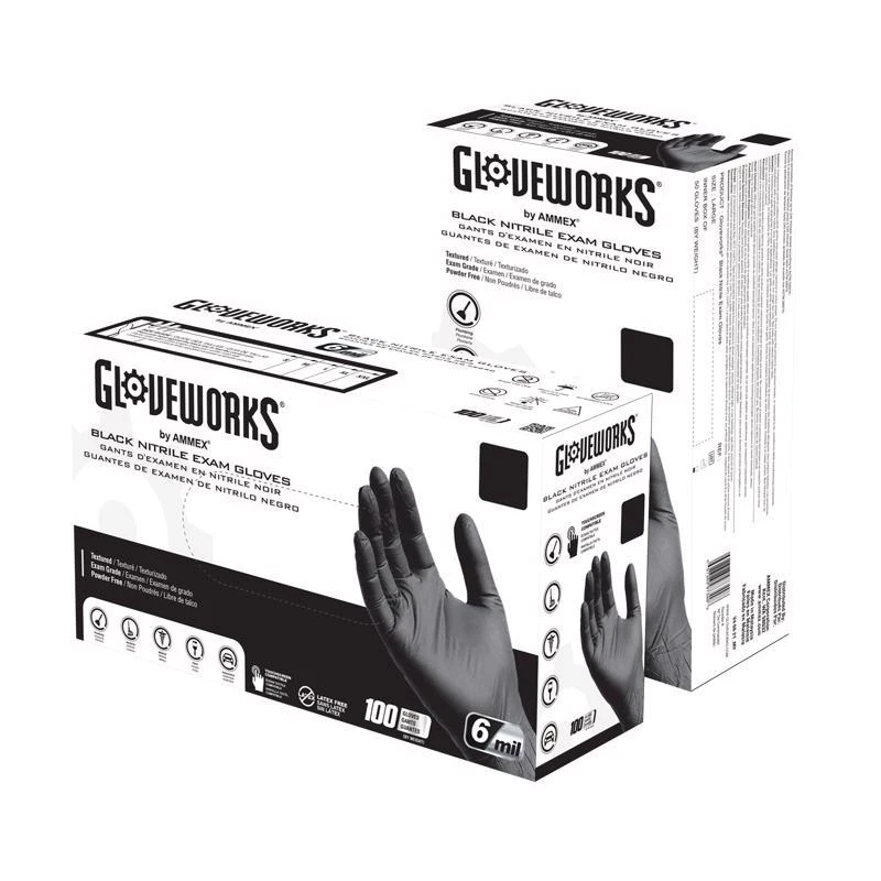 Ammex Gloveworks Nitrile Disposable Exam Gloves XX-Large Black Powder Free 100 pc
