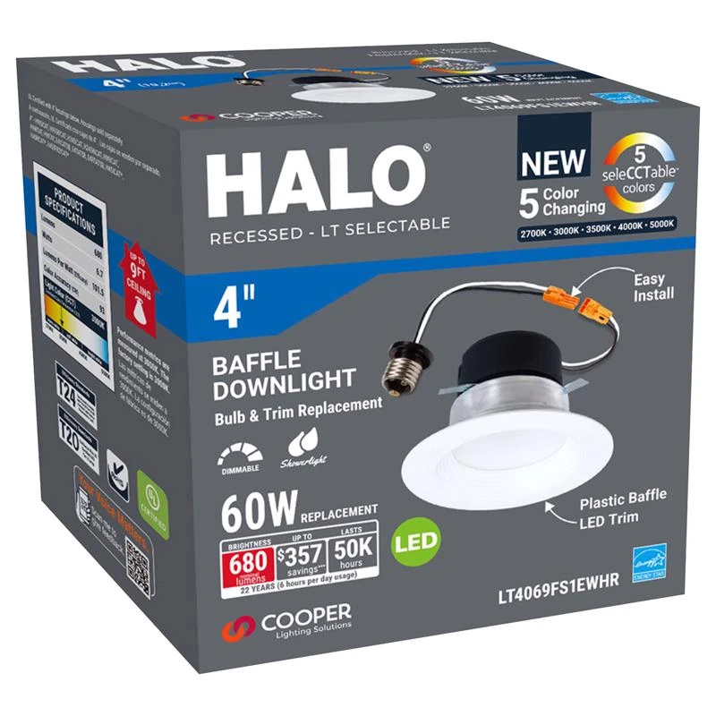 Halo Lt 4 In. Ic Rated 5cct Led Recessed Light Kit, 650 Lm, Dimmable