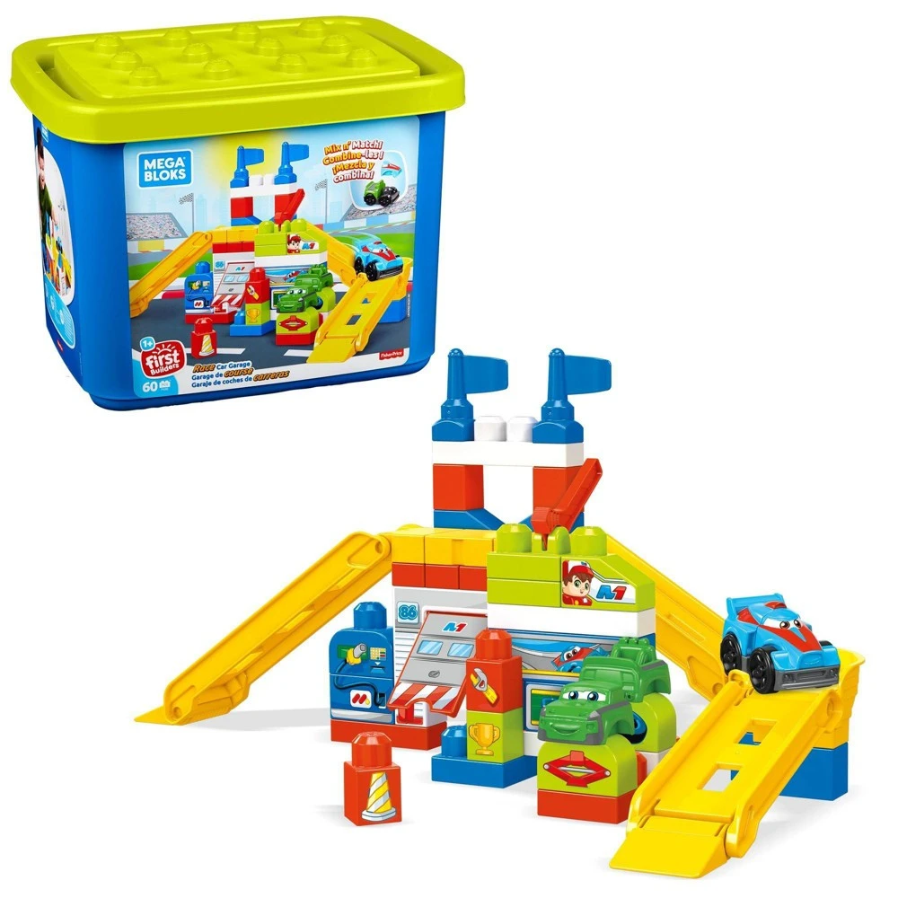 Mega Bloks First Builders Race Car Garage Construction Set With 60 Building Blocks