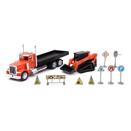 Newray 1:32 Scale Peterbilt Flatbed Truck With Kubota Track Loader In Orange