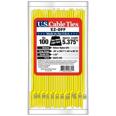 US Cable Ties TA5YL100 5.4 Inch EZ Off Tear Away Ties, Yellow, 100 Pack