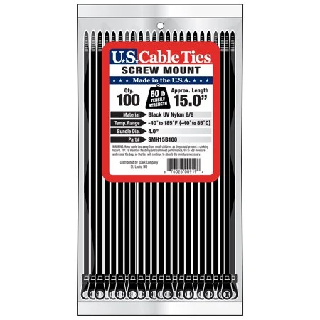 US Cable Ties SMH15B100 15 Inch Screw Mount Ties, UV Black, 100 Pack