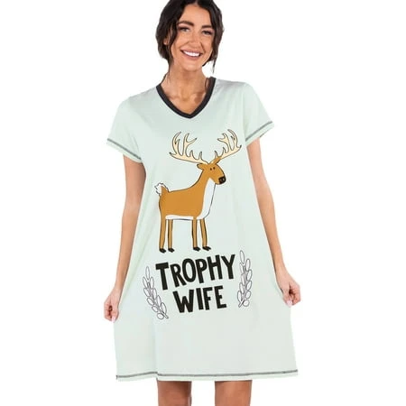 Lazyone V-neck Nightshirt For Women Animal Design Deer Hunting Trophy Wife Blue S/m