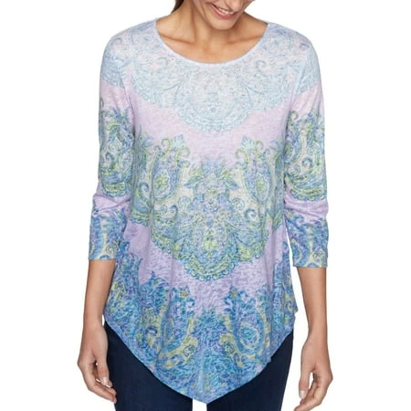 Ruby Rd. Women's Misses A-line Knit Embellished Paisley Top With 3/4 Sleeves
