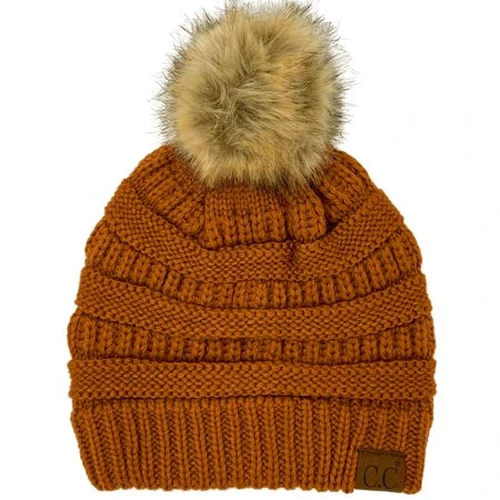 Cc Fur Pom Winter Fall Trendy Chunky Stretchy Cable Knit Beanie Hat Solid Clay