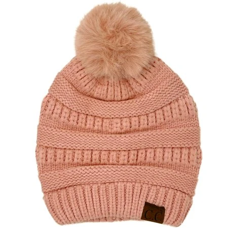 Cc Fur Pom Winter Fall Trendy Chunky Stretchy Cable Knit Beanie Hat Snuggly Soft Rose