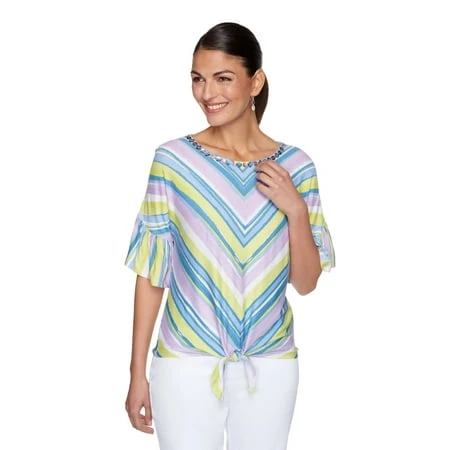Womens Ruby Rd. Striped Scoop Neck Flounce Sleeve Tie Front Top