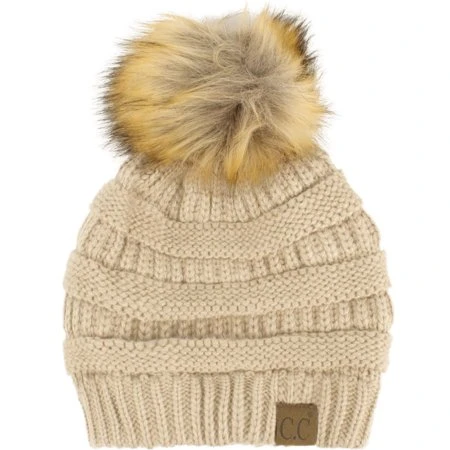 Cc Fur Pom Winter Fall Trendy Chunky Stretchy Cable Knit Beanie Hat Solid Beige