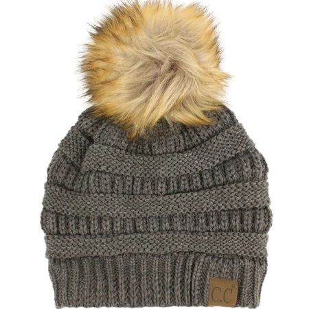 Cc Fur Pom Winter Fall Trendy Chunky Stretchy Cable Knit Beanie Hat Solid Dark Melange Gray