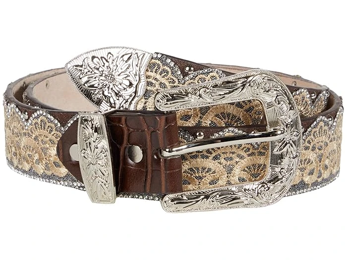 Da3650-xxl 1.50 In. Tan Lace & Bead Overlay Silver Tone Studs Belt, Brown - 2xl