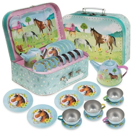 Jewelkeeper 15 Piece Kids Pretend Toy Tin Tea Set With Carrying Case - Horse Design
