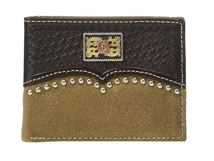 Ariat A3540002 Bi-fold Basket Weave Embossed Overlay Men's Wallet, Brown - 3.50 X 4.62 In.