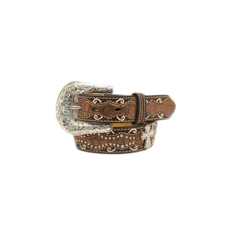 A1302802-28 1.25 In. Kids Ariat Girls Croc Print & Cross Leather Belt, Brown - Size 28