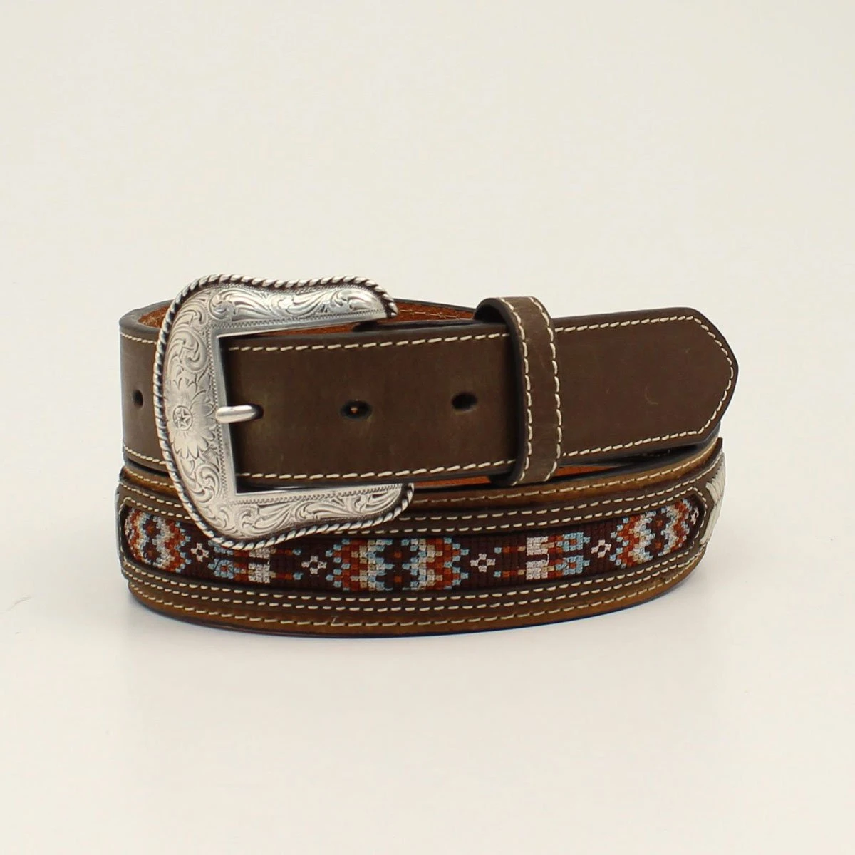 N210003502-46 1.5 In. Nocona Western Men's Leather Southwest Inlay Rawhide Concho Belt, Brown - Size 46