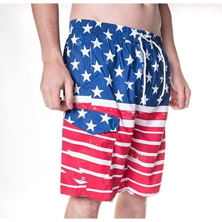 North 15 Men's Usa American Flag Swim Trunks Boardshorts With Cargo Pocket - Size Large