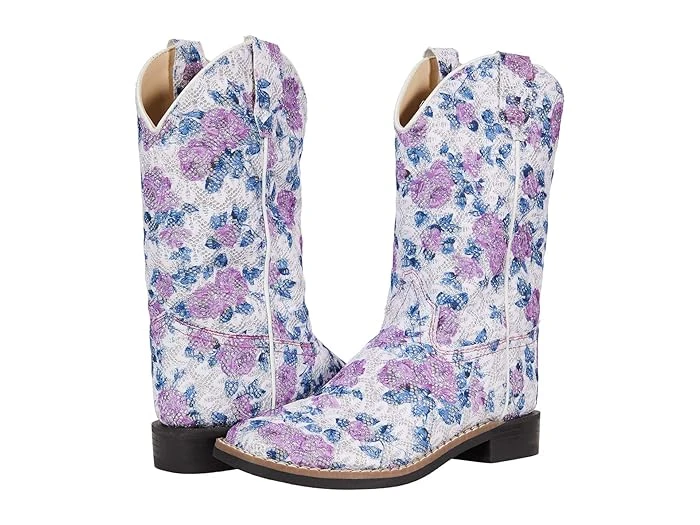 Old West Children Leatherette Broad Square Toe Boots With Floral Design For Kids