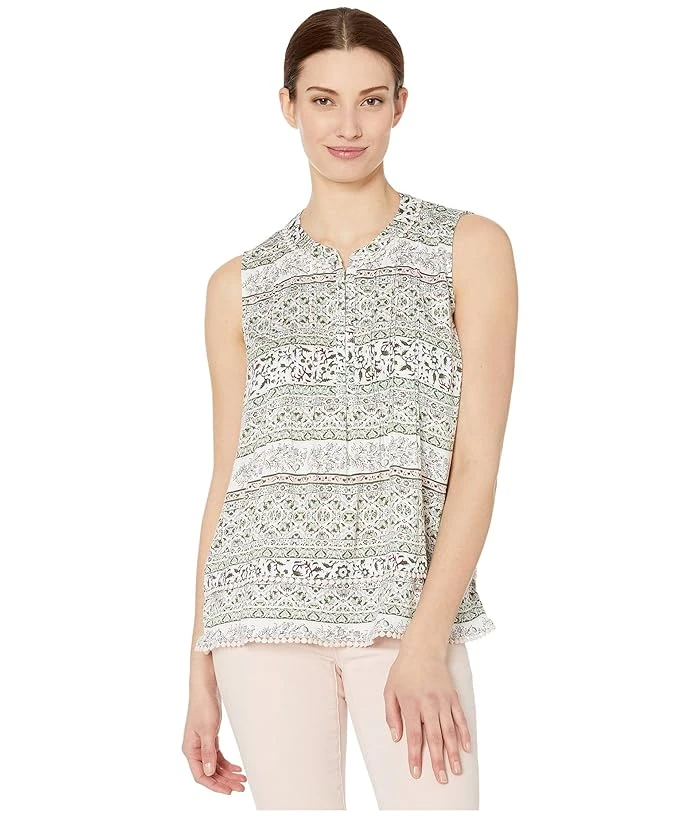 Tribal Printed Stretch Challis Sleeveless Blouse With Tuck Pleats In Porcelain