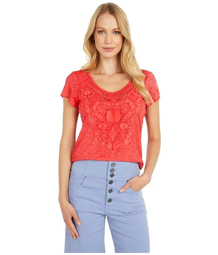 Tribal Short Sleeve Embroidered Sweet Heart Top For Women In Hot Coral