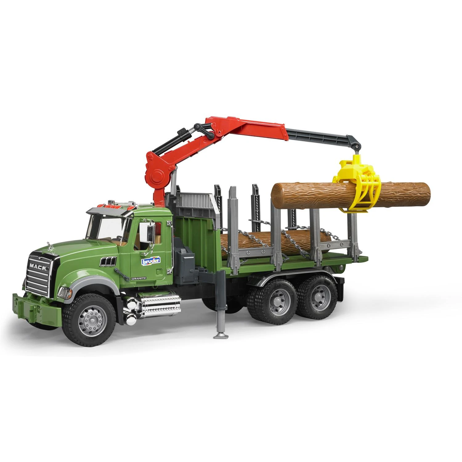 Bruder Mack Granite Timber Truck With Loading Crane And 3 Logs - 1:16 Scale Model