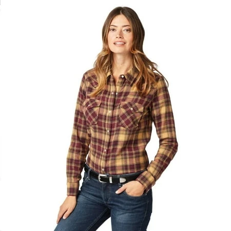 Wrangler Ladies Essential Shirt In Tan And Burgundy