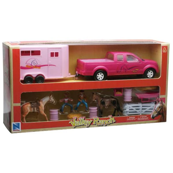 New Ray Ss-37335 Pink Pick Up Truck And Horse Trailer Playset