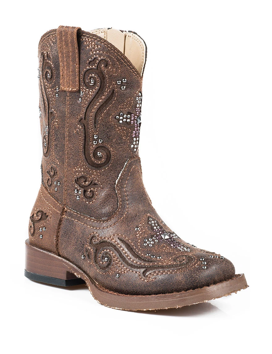 Roper Girls Crystal Square Toe Western Boots, Brown, Size 6 Infant, Model 09-017-1901-0098